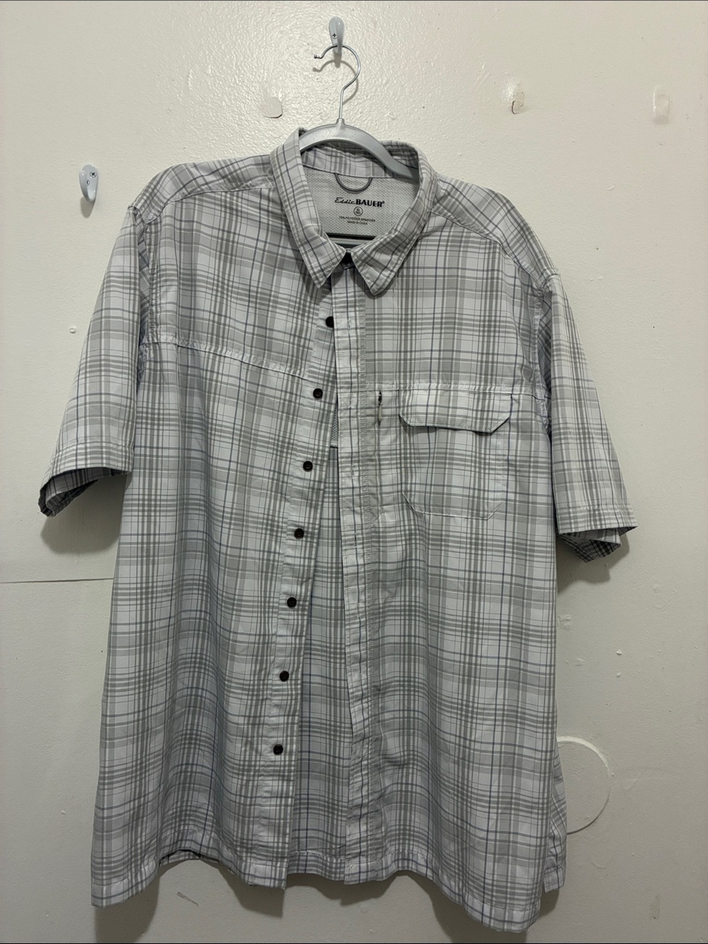 Eddie Bauer Short-Sleeve White and Gray Plaid Button-Down Shirt